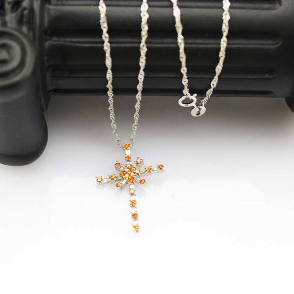 Women Jewelry 925 Silver Pink Cubic Zirconia Cross Pendant Necklace (P37)