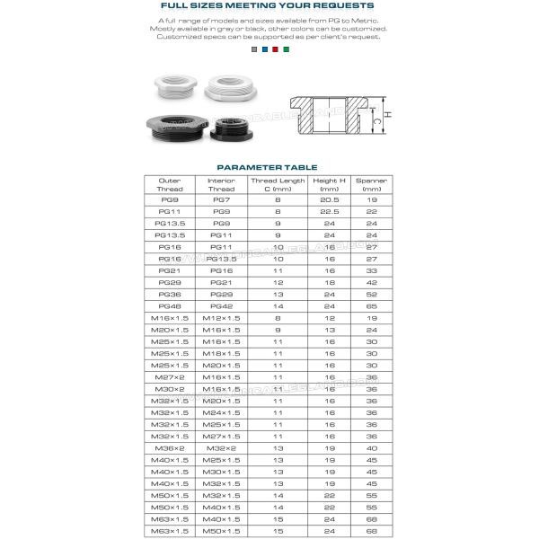 Hex Plastic Reducers Male to Female Thread PG9~PG48 & Hex Nylon Reducing Bushings Male to Female Thread M16~M63 for Electrical