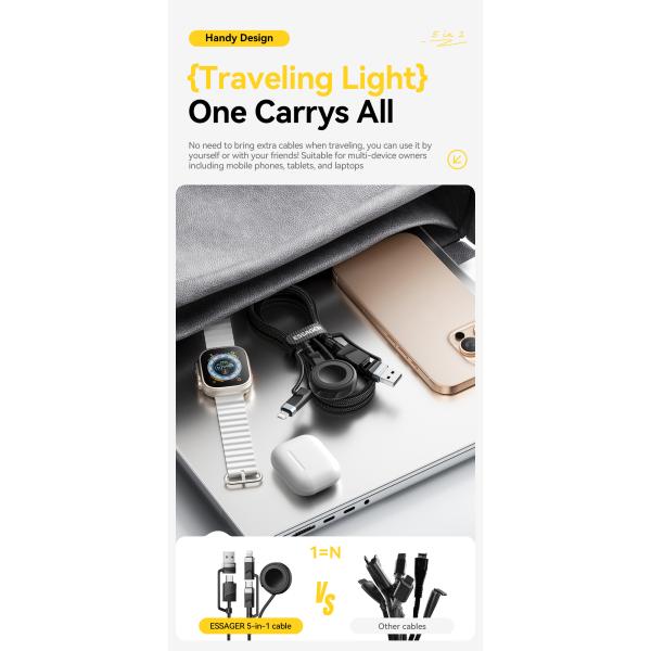 ESSAGER ES-X71 5 in 1 QC PD USB A/C to USB C/L Smart Watch Charging Data Cable