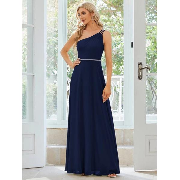 Asymmetry Custom Size Spaghetti Strap One-shoulder A-line Navy Blue Flowy Chiffon Graduation Dress