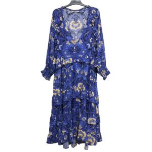 Quality Flower Printed Custom Womens Dresses V Necked Pleated Blue Color BS191215 for sale
