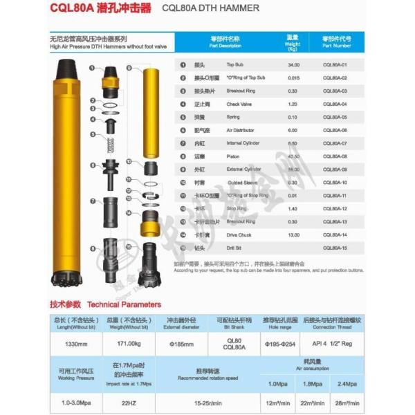 Cql80A High Air Pressure DTH Hammer 3/4/5/6/8/10/12inch with Bit Ql, Mission, SD, DHD, Cop, Numa 8&quot; DTH Hammers Bits