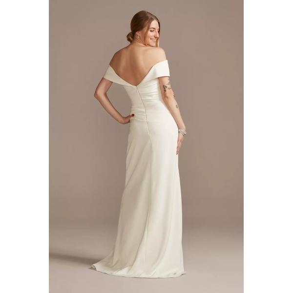 Simply Elegant V-neck Customized Size Zipper Ruffles Off-the-shoulder Sheath White Satin Wedding Dress