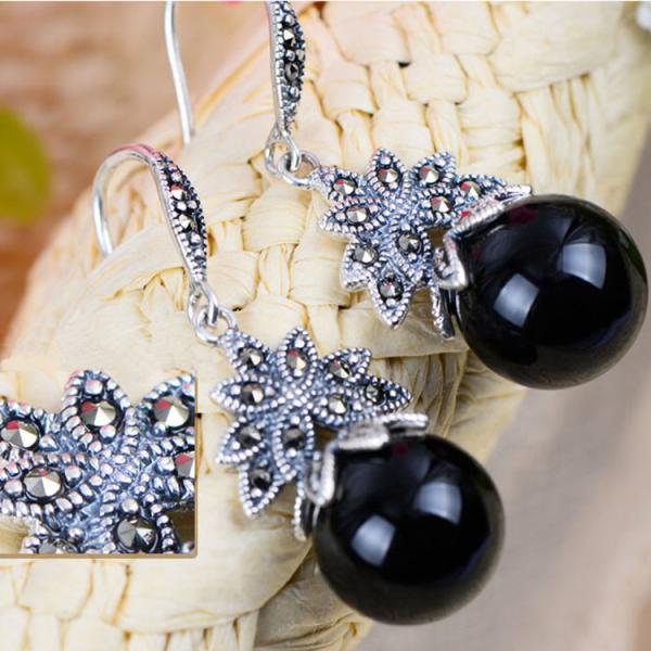 Sterling Silver Black Agate Bead Dangle Hoop Earrings Thai Vintage Jewellery (E12035BLACK)
