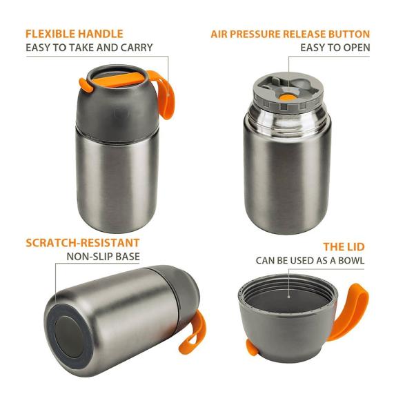 Vacuum Insulated Stainless Steel Lunch Thermos Leak Proof Soup Containers with Folding Spoon for Hot or Cold Food