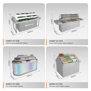 Retail Shop Interior Design Grey Wooden Sample Island For Premium Display Table