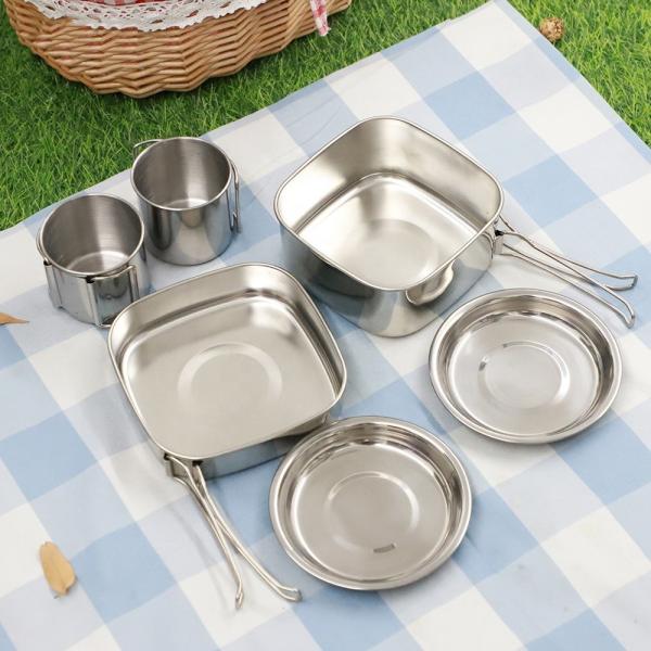 Buy Lightweight Backpacking Outdoor Kitchen Picnic Pot Pan Stainless Steel 6 PCS Camping Cookware Set For Out Door Hiking at wholesale prices