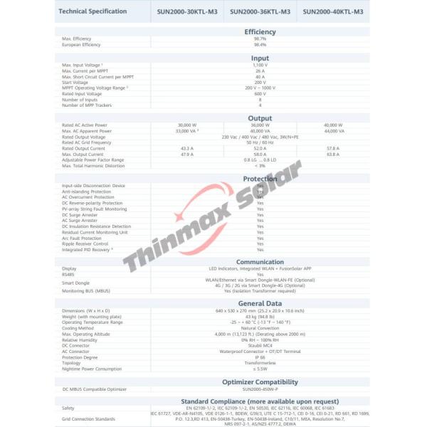 Huawei Solar Inverter 36kw SUN2000 36KTL-M3 three phase commercial on grid solar inverter