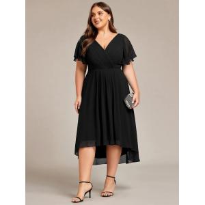 Empire Plus Size V-neck High-low A-line Short Sleeve Ruffled Black Chiffon