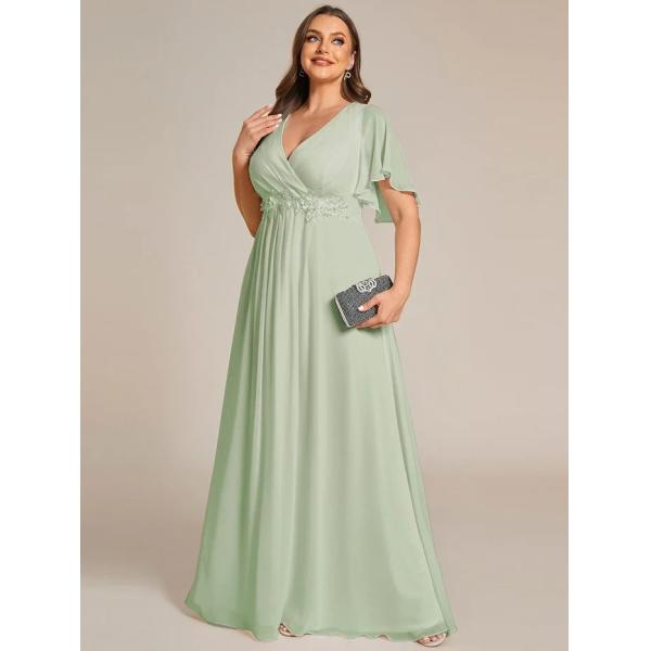 Charming Empire Applique A-line Short Flutter Sleeves V-neck Invisible Zipper Mint Green Chiffon Evening Dress