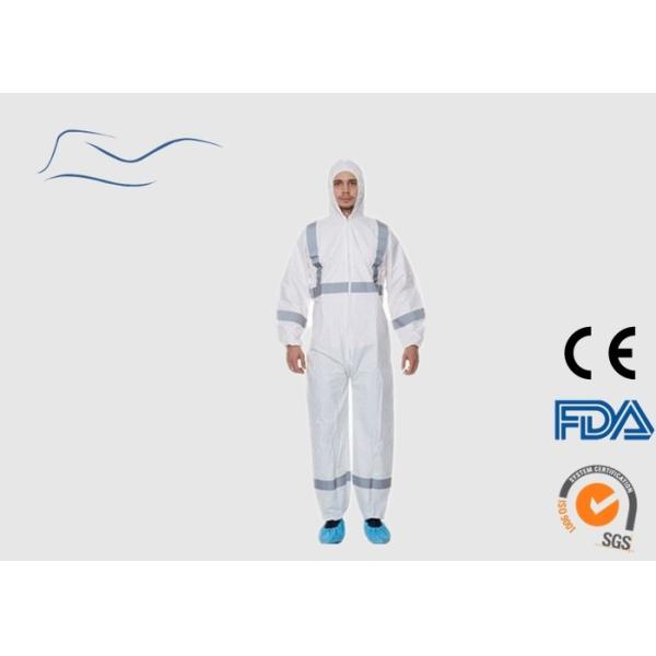 Buy SMS Disposable Protective Suit , White Disposable Coveralls With Reflective Tape at wholesale prices