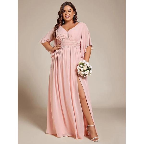 Empire Plus Size V-neck Ruffled A-line Invisible Zipper Half Flutter Sleeves Pink Chiffon Evening Dress