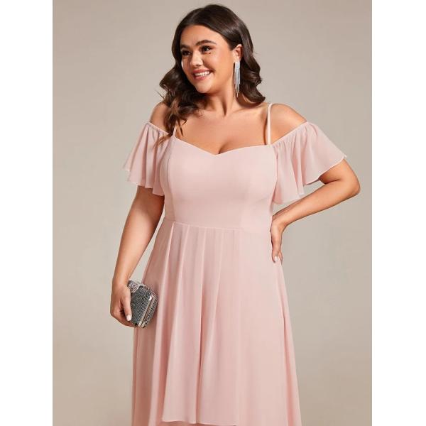 Empire Off-shoulder Spaghetti Strap Zipper High-low Wedding Guest Dresses Short Sleeves Pink Chiffon Bridesmaid Dress