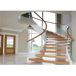 Elegant 38mm Open Wood Stairs , Glass Railing Curved Wooden Staircase No Slip