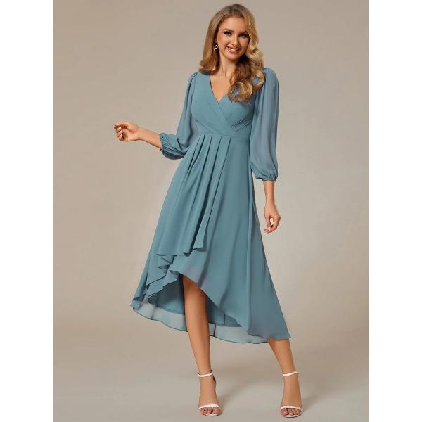 Elegant Empire Long Sleeve V-neck High Low A-line Ruffled Midi Hot Pink Chiffon Wedding Guest Party Dress