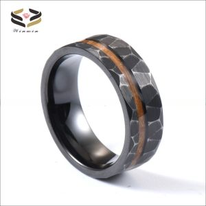 Trendy Vintage Whiskey Barrel Wood Inlay Black Hammered Tungsten Ring Wedding