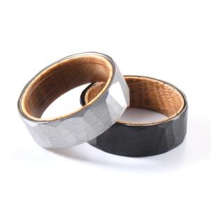 Sample Making 8mm Faceted Hammered Tungsten Ring with Whiskey Barrel Wood Inner