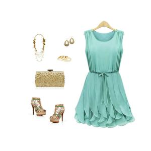 Green Belt Short Flared Dresses , Summer Round Chiffon Skirts
