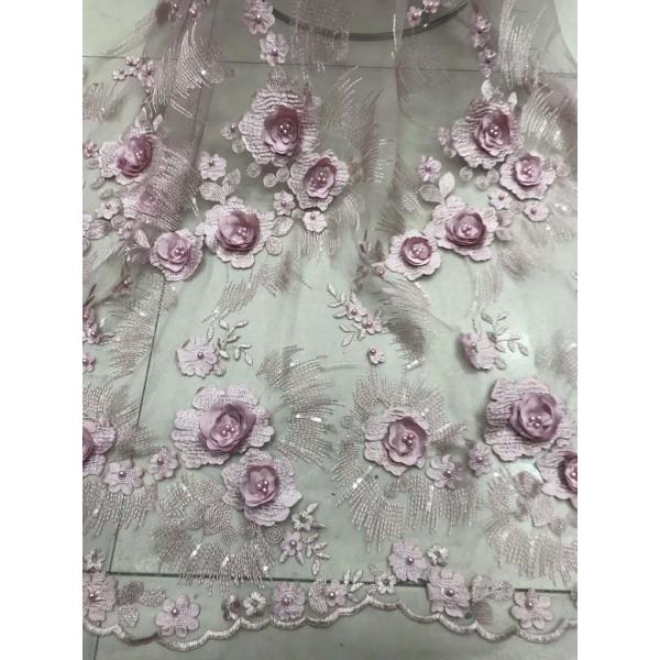 Red 3D Flower Embroidered Tulle Lace Fabric / Wedding Dresses Sequins Beaded Lace