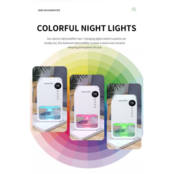 Smart Mini Dehumidifier with 1100ml Water Tank and 7 Colorful Lights For Home Comfort