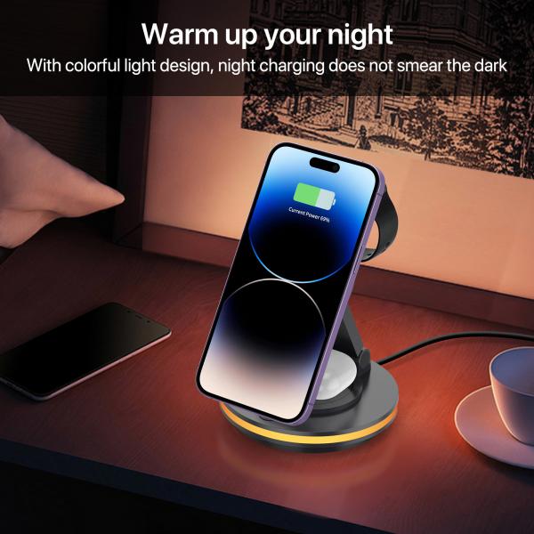 4 In 1 Magnetic Rotary Wireless Charging Station Foldable Stand PD/QC Input CE/FCC/RoHS Certified