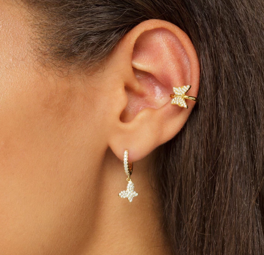 18K Gold Plated Butterfly Earring Cuff With Micron Pave White CZ Trendy Women Jewelry