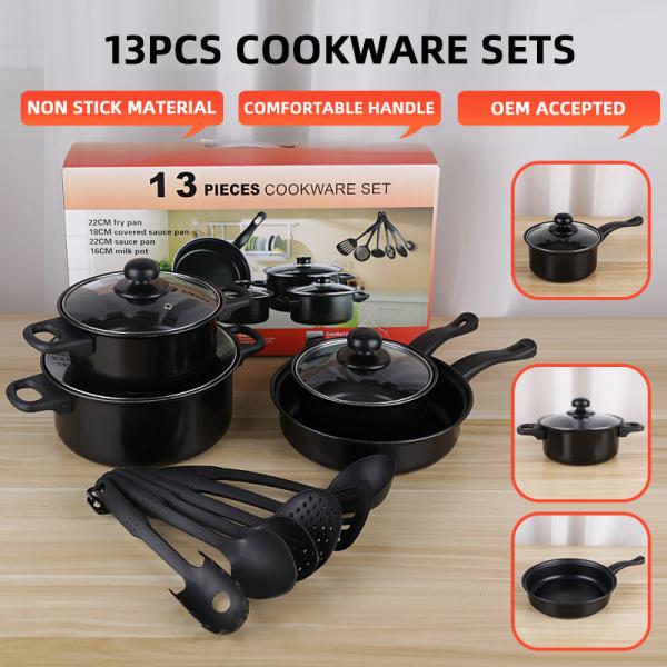 Kitchen 13 Piece Non Stick Cast Iron Cookware Set Black Pot And Pans