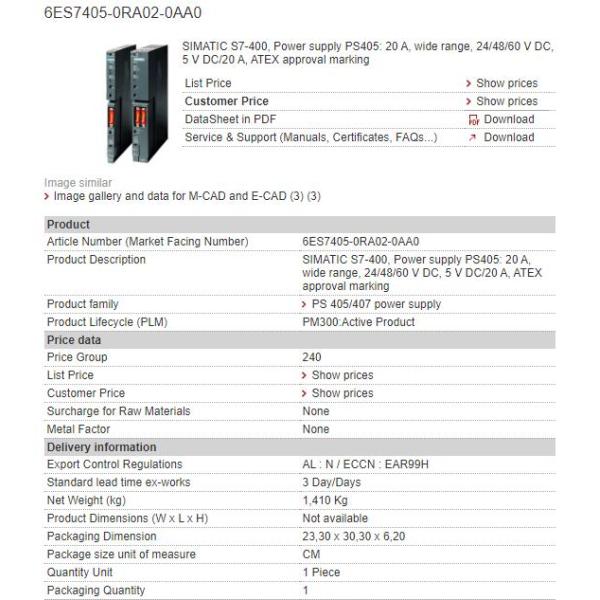 6ES7405-0RA02-0AA0 6ES7 405-0RA02-0AA0 Siemens Power Supply