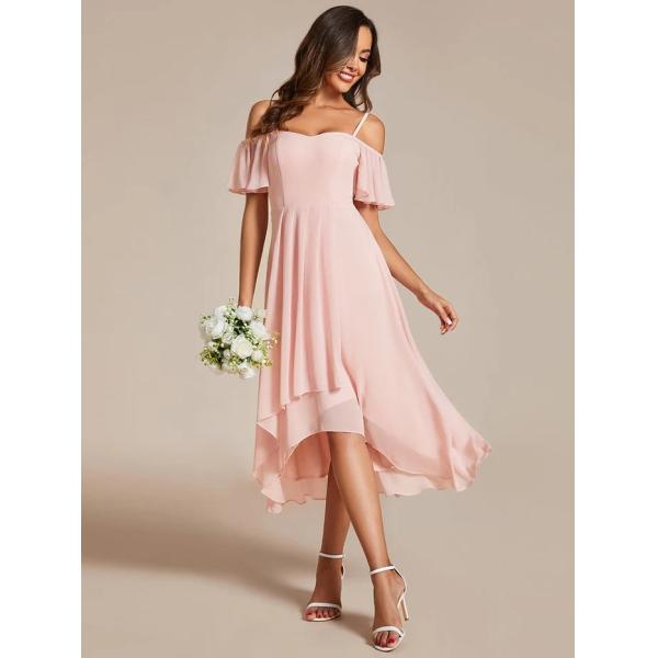 Empire Off-shoulder Spaghetti Strap Zipper High-low Wedding Guest Dresses Short Sleeves Pink Chiffon Bridesmaid Dress