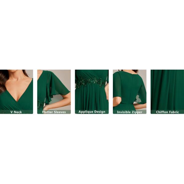 Sexy Empire Applique A-line Short Flutter Sleeves V-neck Invisible Zipper Burnt Orange Chiffon Evening Dress