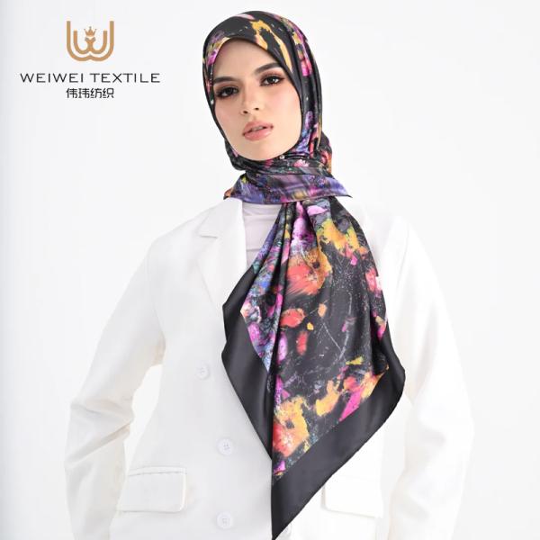 Custom Printed Watercolor Summer Shimmer Square Scarf Comfortable Satin Silk Hijab Shawl for Women Factory Direct