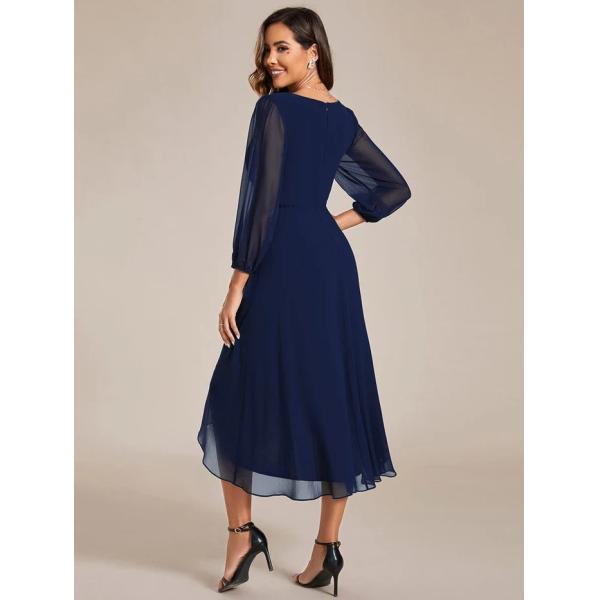 Elegant Empire Long Sleeve V-neck High Low A-line Ruffled Midi Navy Blue Chiffon Wedding Guest Evening Dress