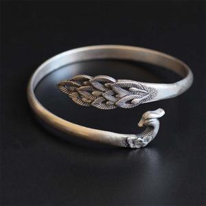 Sterling Silve Open Adjustable Cuff Bracelet Engraved Peafowl Fine Bangle