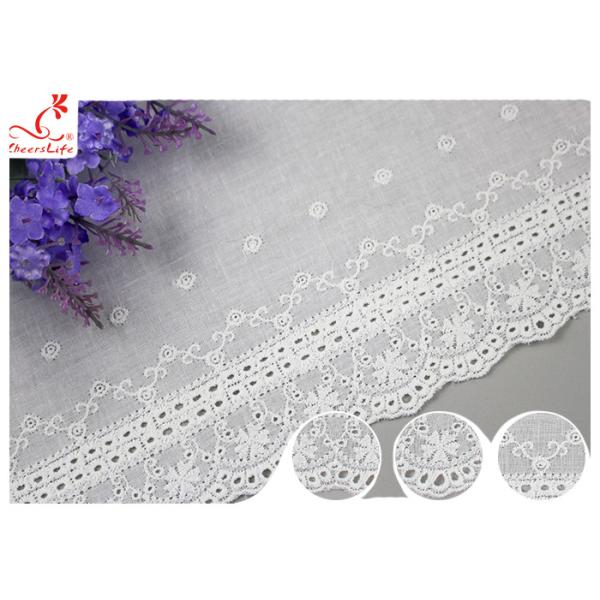 White Cotton Lace Fabric / Eyelet Lace Trim Ribbon With Floral Lace Scalloped Edge DTM Color Dyeing