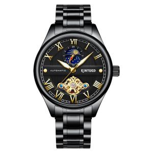KINYUED luminous moon phase luxury black watch tourbillon automatic mechanical
