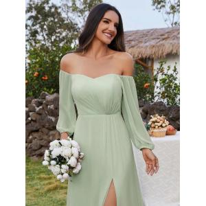 Plus Size Ruffled Long Sleeve High Slit Off-shoulder High Slit Mint Green