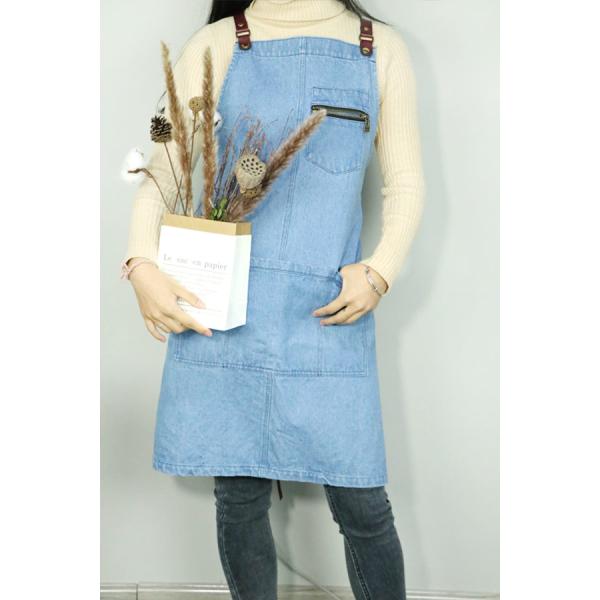 Classic Blue Kitchen Cooking Apron , Washed Women Cooking Apron With 4 Pockets