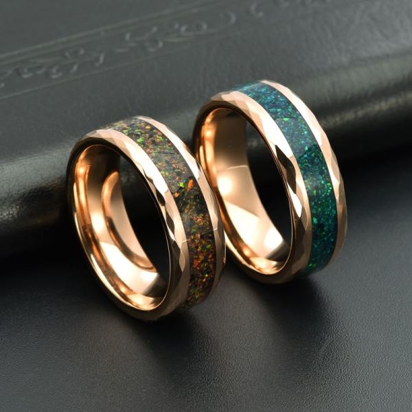 8mm Mens Blue Opal Wedding Band Rose Gold Faceted Tungsten Crushed Colorful Opal Inlay Luxury Engagement Promise Ring