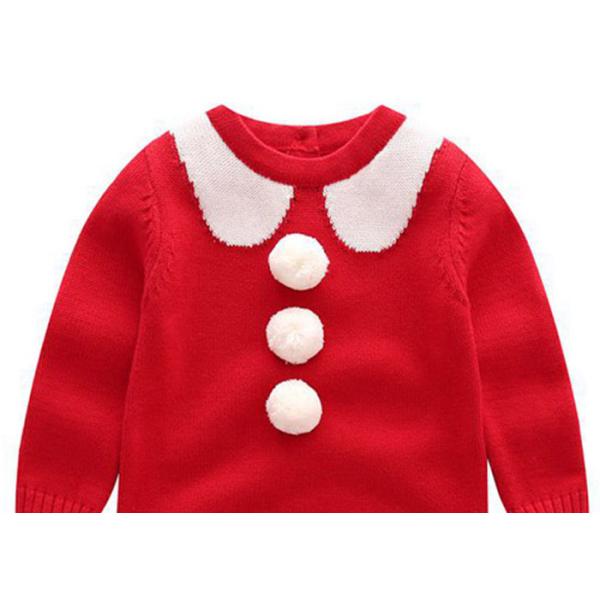 Jaquard Collar Girls Knitted Dress , Girls Red Jumper Dress With Fluffy Ball Decoration