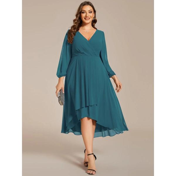 Elegant Empire Long Sleeve V-neck High Low A-line Ruffled Midi Teal Chiffon Wedding Guest Prom Dress