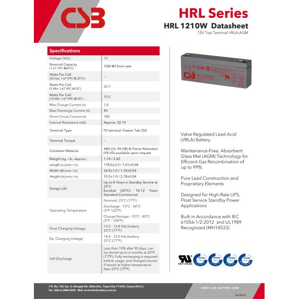 CSB HRL1210W Battery 12V 10W Sealed Lead Acid Battery High Rate Long Life Gel Battery