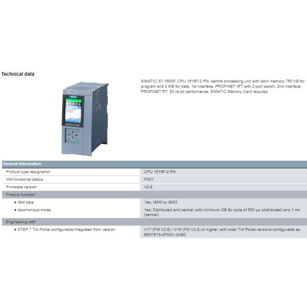 6ES7515-2FM02-0AB0 SIMATIC S7-1500F Siemens CPU PLC 1515F-2 PN