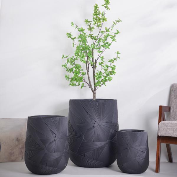 Radial Geometric Pattern Neutral White Round Fiber Clay Plant Pot