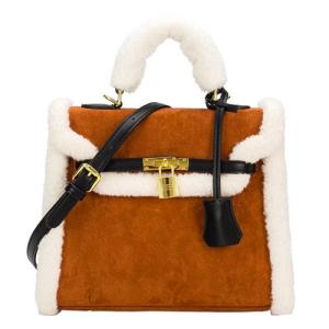 China 25cm Womens Leather Bag Lambswool O Plush Brown Velvet Bag on sale