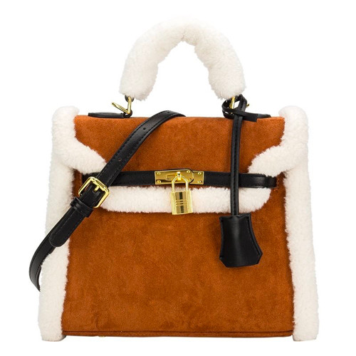 Buy 25cm Womens Leather Bag Lambswool O Plush Brown Velvet Bag at wholesale prices