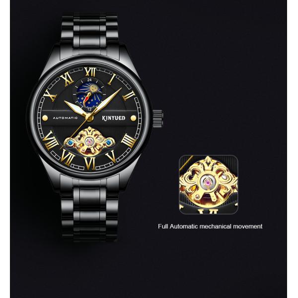 KINYUED luminous moon phase luxury black watch tourbillon automatic mechanical watch for men