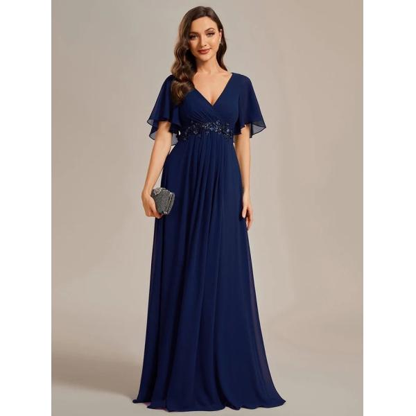 Sexy Empire Applique A-line Short Flutter Sleeves V-neck Invisible Zipper Dusty Navy Chiffon Prom Dress