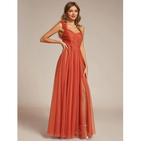 Exquisite One-shoulder Sweetheart Ruffled A-line Zipper Pleated High Slit Burnt Orange Tulle Evening Dress