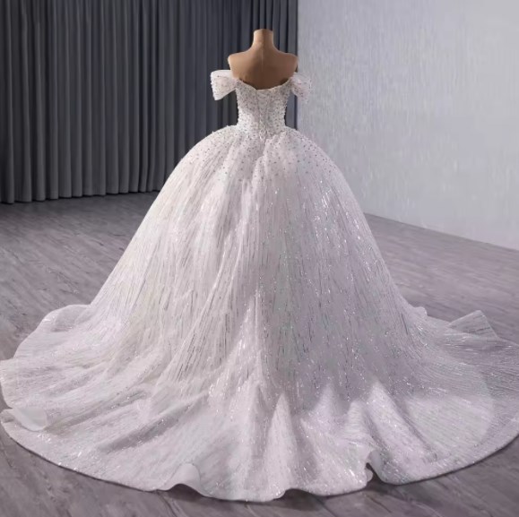 Shiny Off-the-shoulder Beaded Puffy Empire Ball Gown Court Train White Sequins Wedding Dresses