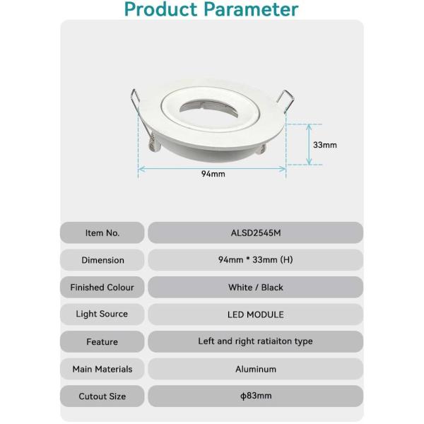 Architectural Die-Cast Aluminum Recessed Spotlight Frame With 20° Tilt And Bi-Directional Rotation